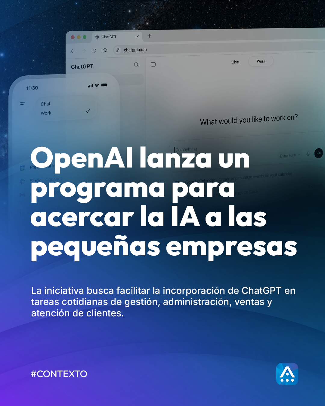 Laptop y celular mostrando la interfaz de ChatGPT sobre fondo de espacio estrellado